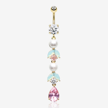 Golden Pastel Lumi Pearlescent Dangle Leaf Drop Belly Button Ring-Clear Gem/Pink
